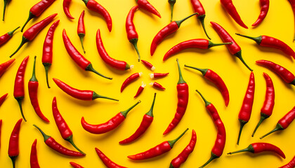 Vibrant red chili peppers scattered across a bright yellow background, creating a lively pattern