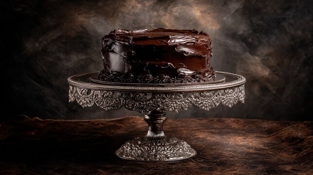 Decadent dark chocolate layer cake rests upon an ornate metal pedestal stand
