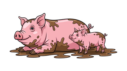 Cute Muddy Pigs, Mother and Baby, Enjoying a Mud Bath on a Farm