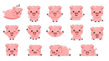 Cute Pink Pig Characters Collection, Diverse Poses and Emotions