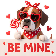 Cute boxer dog with heart sunglasses and lollipop celebrates Valentine's Day