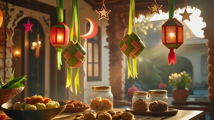 Traditional delicacies and lanterns adorn a festive setting, celebrating cultural heritage and communal gatherings