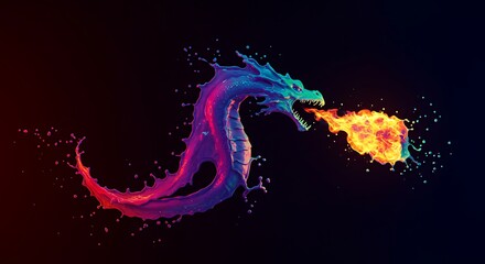 A vibrant and dynamic stylized dragon crafted from an explosion of colorful liquid splashes, depicted breathing a vivid stream of fire against a deep, contrasting background