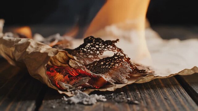 Burning Paper on Wooden Surface - A Close-Up Look at Destruction.