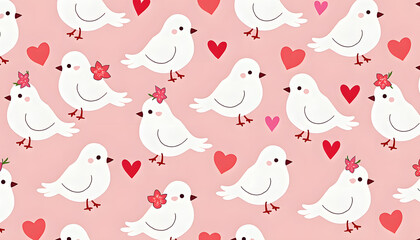 Cute white birds with flowers and hearts seamless pattern on pink background