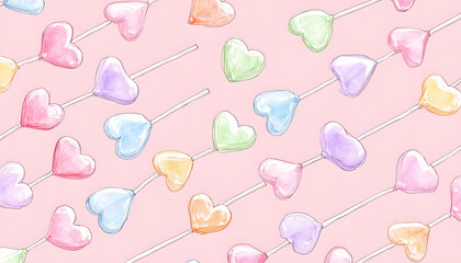 Watercolor heart-shaped lollipops in pastel colors arranged in a repeating pattern