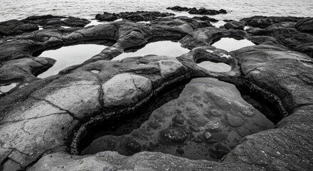 Obraz premium Black and white view of rocky shoreline with tide pools. Ocean water visible at the edge