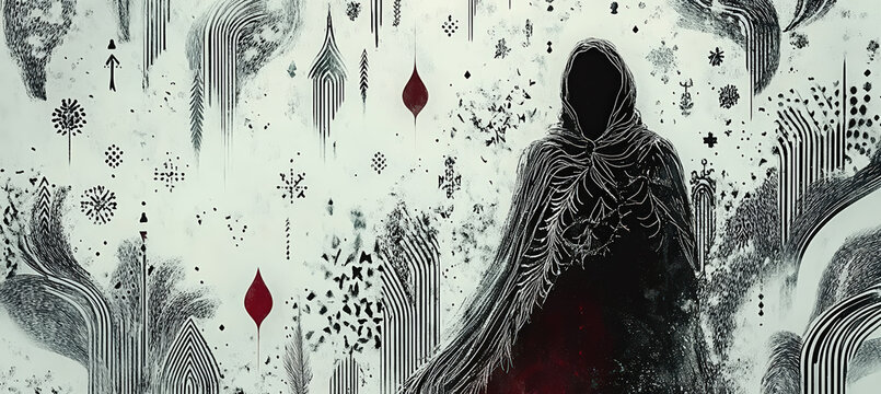 A mysterious cloaked figure standing in a snowy field surrounded by floating cosmic shapes, drifting particles, and cold mist, forming a surreal emotional winter scene filled with symbolic fantasy ene