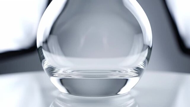 Clear Glass Flask with Liquid on White Surface, Close-Up.