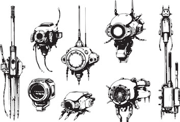 Mechanism set, retro, vintage, steampunk, cyberpunk, decorative elements. Ideal design for social media, cover, banner, flyer, music, ads.