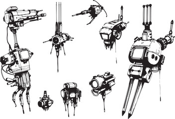 Mechanism set, retro, vintage, steampunk, cyberpunk, decorative elements. Ideal design for social media, cover, banner, flyer, music, ads.