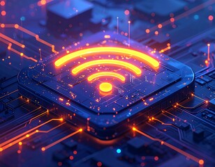 Glowing WiFi symbol on computer chip, with data lines, vibrant colors