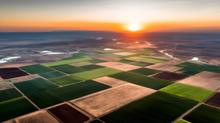 Aerial View of Sunset over Fields: Breathtaking aerial perspective captures a patchwork of fields under a vibrant sunset. The composition, colors evoke feelings of tranquility.