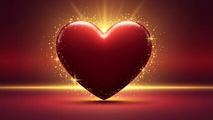 Shiny red heart glowing with magical golden sparks and light rays on a dark romantic background.