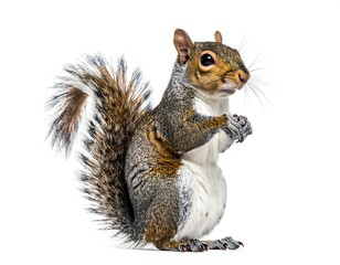 Obraz premium Standing squirrel showcasing fluffy tail high resolution photo in a white background