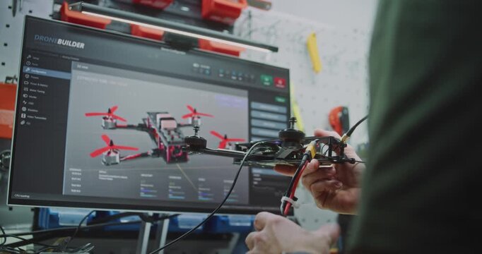 Internal Firmware Upload Connecting and Updating Brain of FPV Drone. Worker Connects and Updates Internal Firmware of FPV Drone Flight Stack. Concept of Technical Process of Programming Drone Brain.