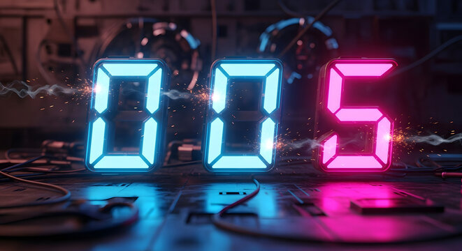 Countdown timer displaying zero zero five with sparking electrical arcs and neon glow on a dark industrial circuit board surface suggesting imminent launch or event - Powered by Adobe