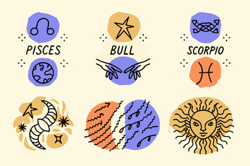 Illustrations of zodiac signs pisces bull scorpio leo cancer and aquarius