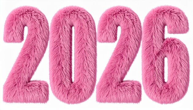 Pink furry 3D &ldquo;2026&rdquo; digits with plush texture on transparent background