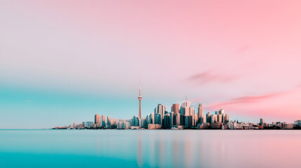 City Skyline at Dusk: A breathtaking panorama of a city skyline at dusk, the buildings silhouetted against a sky painted with vibrant hues, reflecting on the tranquil waters below.