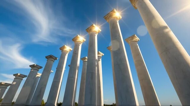 Dramatic Low Angle Shot of Ancient Columns in Serene Atmosphere