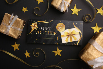 Close-up of a gift card, New Year's mood for discounts