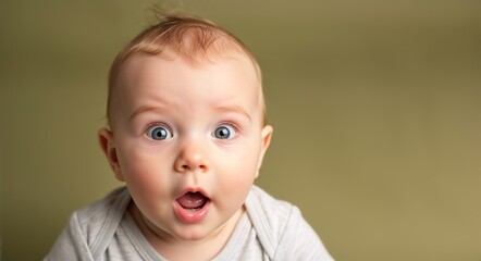 Baby with wide eyes and open mouth, expressing surprise and wonder, wearing a light gray onesie, against a soft green background, capturing the essence of childhood innocence and joy