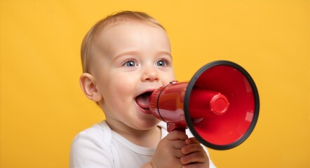 Baby with short blonde hair joyfully holding a red megaphone, smiling brightly against a vibrant yellow background, capturing the essence of childhood enthusiasm and playfulness