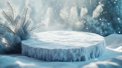 Christmas tree with white snowdrift,snowflakes,snow land,podium with bauble,Christmas theme stage podium mock up for product placement,Happy New Year. Celebrate party,Xmas Poster,web banner,festive.