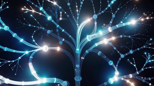A visual representation of a neural network structure with glowing nodes and branches.