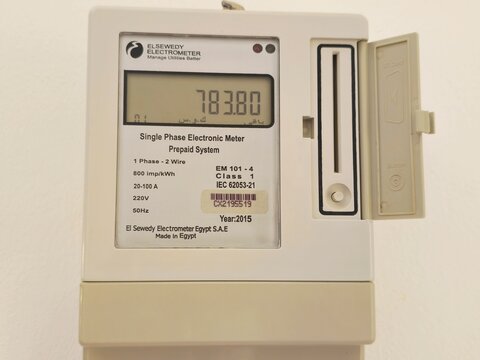 South Sinai, Egypt, December 13 2025: a single phase electronic prepaid smart electricity meter manufactured by El Sewedy Electrometer Egypt SAE, letting users buy electricity credit in advance