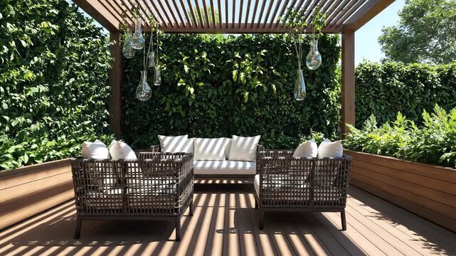 Modern outdoor patio featuring a wooden pergola and lush green living wall.