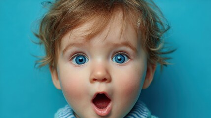 Baby with big blue eyes expressing surprise against a light blue background during a bright and cheerful moment