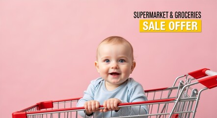 Happy baby boy with blue eyes is sitting in a shopping cart, smiling joyfully against a pink background, representing a cheerful shopping experience for families