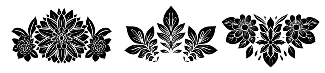 Vector set frames of decorative floral arrangement. Collection of black silhouette dividers from flowers