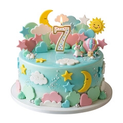 Fototapeta premium Cute 3D Birthday Cake for 7 Years Old with Clouds and Stars