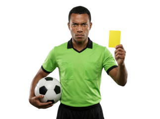 Serious Male Soccer Referee Holding Yellow Card and Football