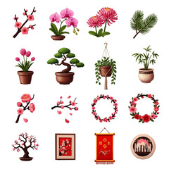 Collection of Asian Floral Elements and Bonsai in Vector Style