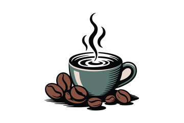 Obraz premium Steaming cup of hot coffee with roasted beans, perfect for a morning pick-me-up.