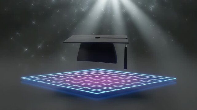 A black graduation cap hovers above a neon grid on a dark background with spotlight