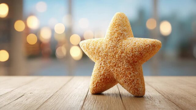 Close Up of an Golden Starfish on a Wooden Table Against a Softly Blurred Background with Bokeh Lights In Warm Ambient Lighting