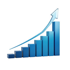 Blue bar chart with upward trend arrow isolated on transparent background