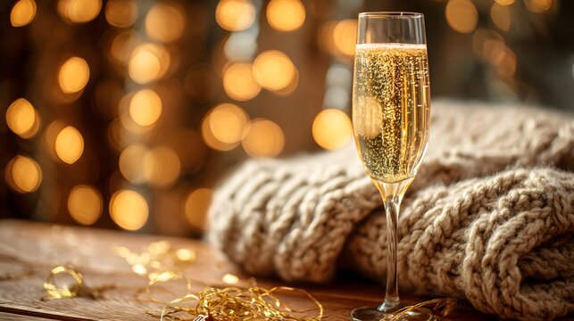 A champagne flute with golden bubbles on a wooden table beside a cozy blanket and festive confetti.