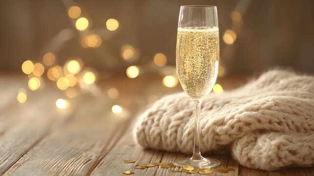 A champagne flute with golden bubbles on a wooden table beside a cozy blanket and festive confetti.