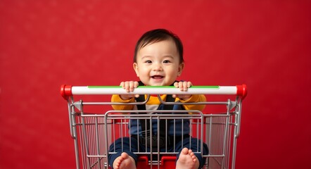 Happy infant boy sitting in shopping cart, smiling joyfully against vibrant red background, showcasing playful spirit and childhood innocence in a fun shopping experience