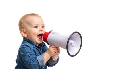 Young child with blonde hair enthusiastically holding a megaphone, wearing a denim shirt, expressing joy and excitement in a bright, cheerful environment, perfect for communication themes