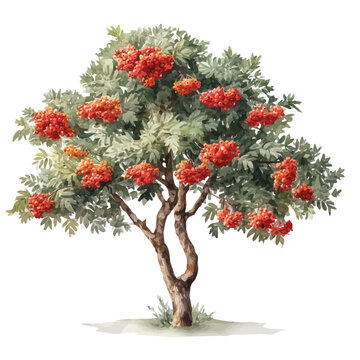 Watercolor-style vector illustration of Rowan Tree, isolated on a clean white background.