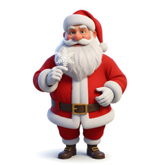 Jolly cartoon Santa Claus in traditional red suit and hat, holding a delicate white snowflake, embodying winter magic and festive cheer for holidays