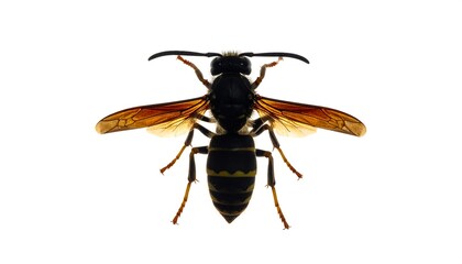 A detailed top-down view of a solitary wasp with transparent wings, on a clean white background