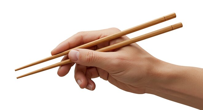 A human hand expertly grasping a pair of traditional wooden chopsticks, poised and ready to pick up food, isolated on a clean white background, highlighting Asian dining culture